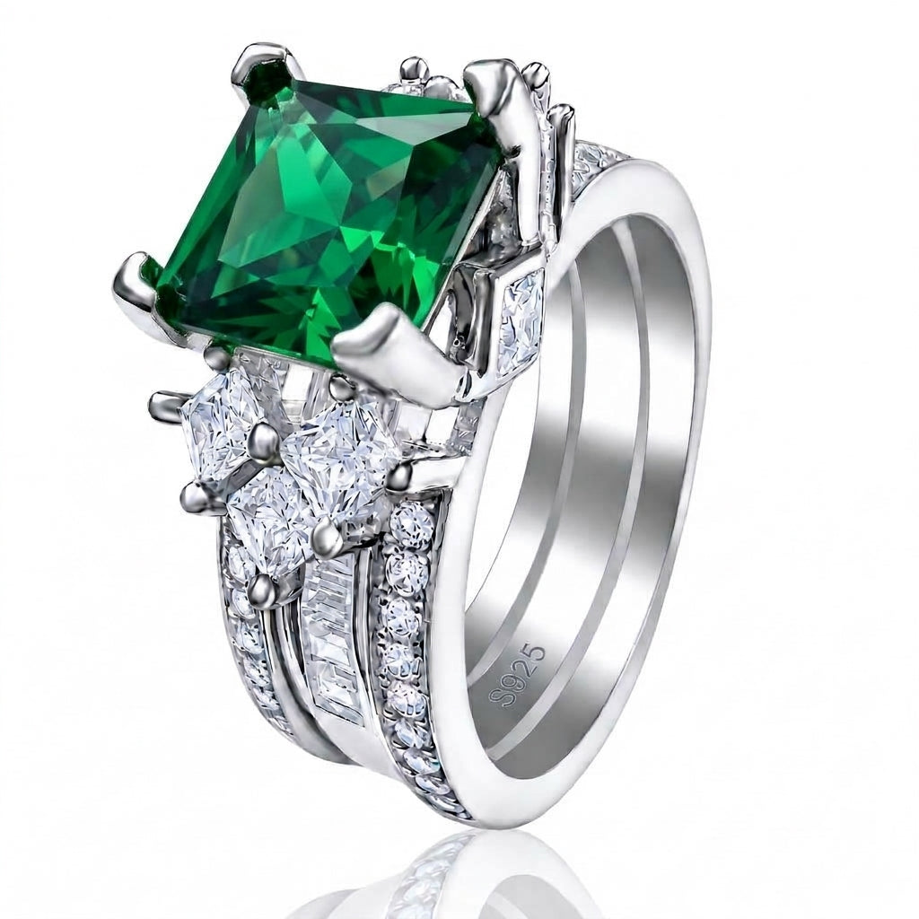 PRE-ORDER - 925 Sterling Silver Princess Cut  Rose Corundum or Emerald Green Tri-Band Ring