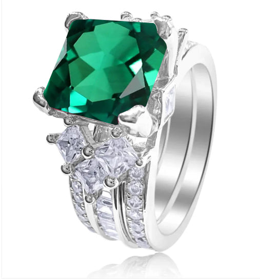 925 Sterling Silver Princess Cut Emerald Green CZ Tri-Band Ring