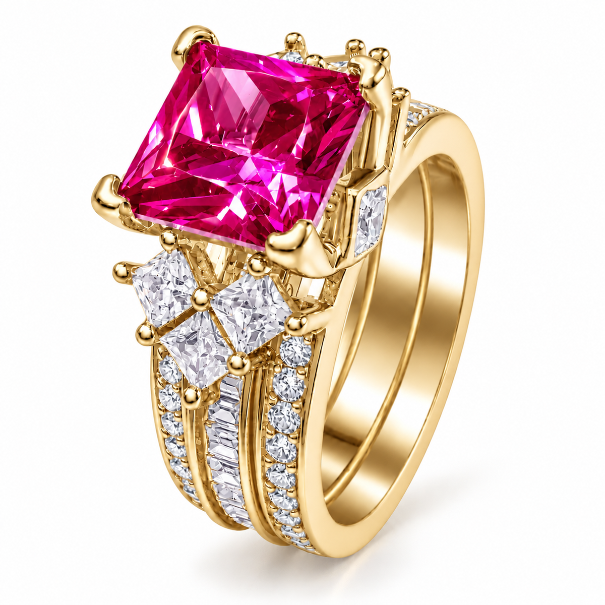 PRE-ORDER - 925 Sterling Silver Princess Cut  Rose Corundum or Emerald Green Tri-Band Ring