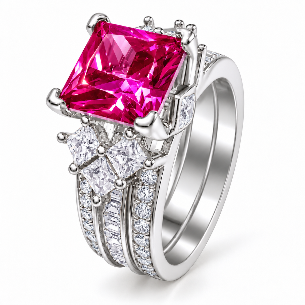PRE-ORDER - 925 Sterling Silver Princess Cut  Rose Corundum or Emerald Green Tri-Band Ring