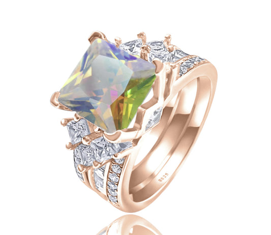 925 Sterling Silver Princess Cut, AB CZ Tri-Band Ring on Rose Gold