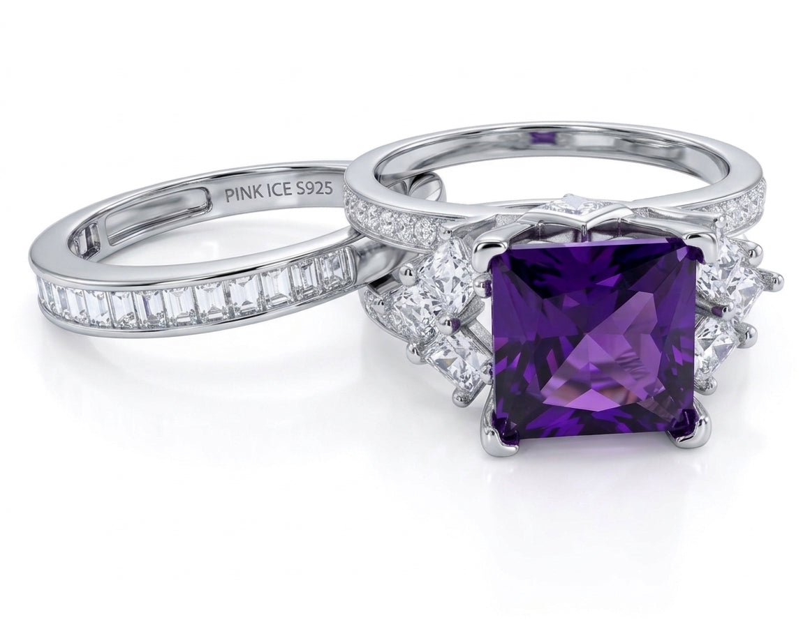 *PRE-ORDER - 925 Sterling Silver Princess Cut, Simulated Alexandrite & Clear CZ Tri-Band Ring