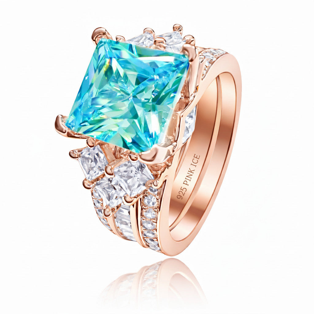 *PRE-ORDER - 925 Sterling Silver Princess Cut, Aquamarine Diamond CZ Tri-Band Ring (Choose your plating)