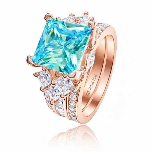 925 Sterling Silver Princess Cut, Aquamarine Diamond CZ Tri-Band Ring (Rhodium or Rose Gold)