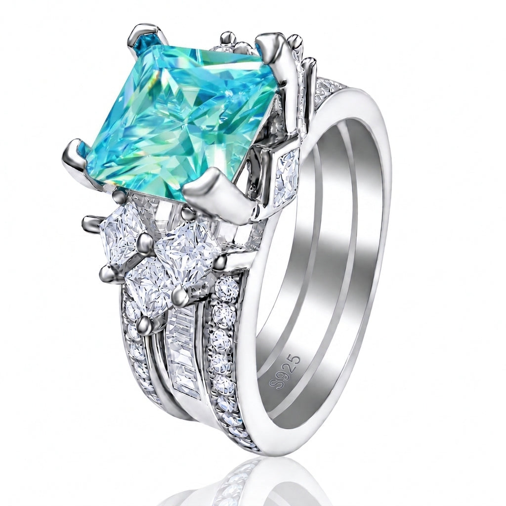 *PRE-ORDER - 925 Sterling Silver Princess Cut, Aquamarine Diamond CZ Tri-Band Ring (Choose your plating)