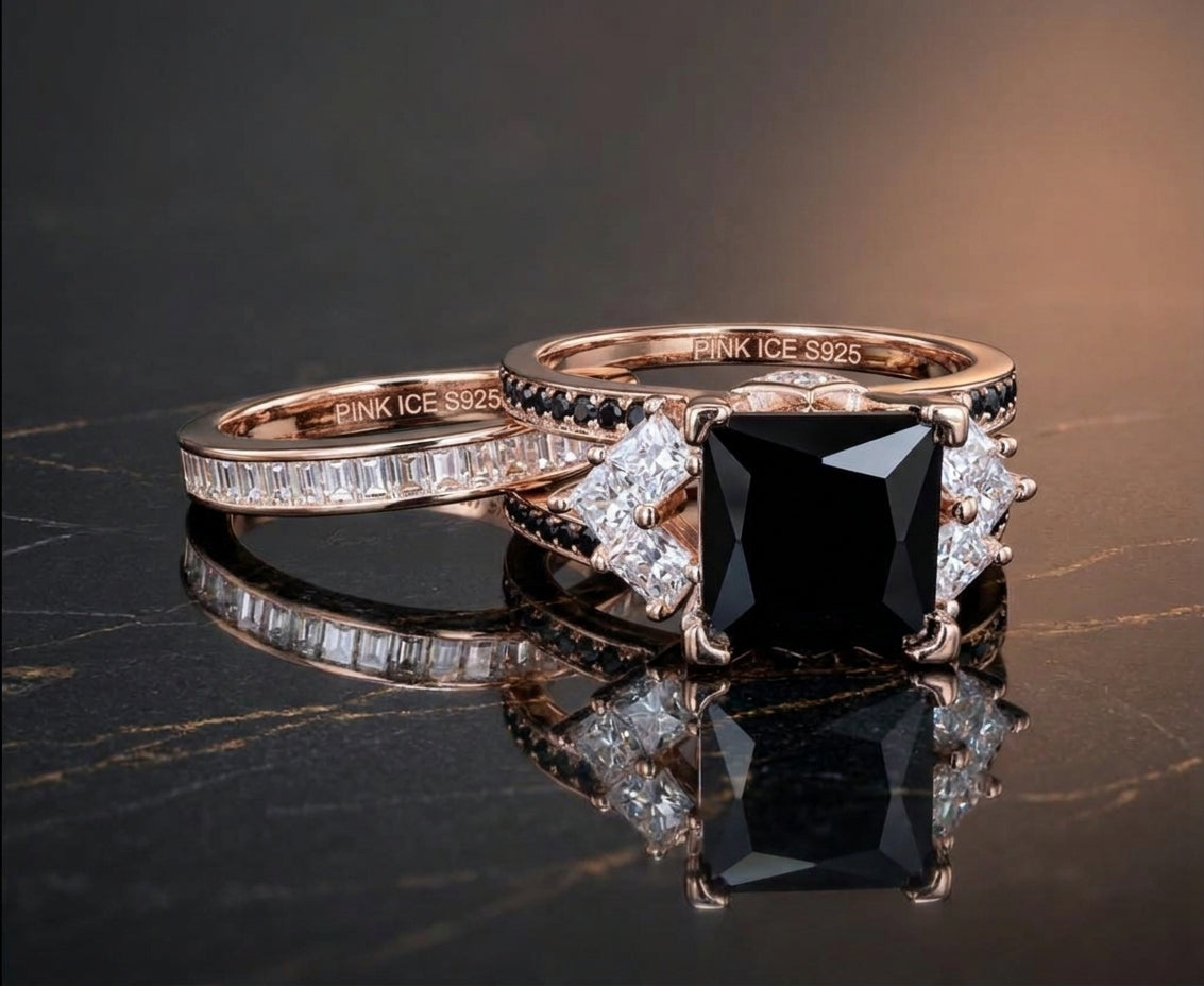 *PRE-ORDER - 925 Sterling Silver Princess Cut, Black Onyx & Clear CZ Tri-Band Ring on Rose Gold