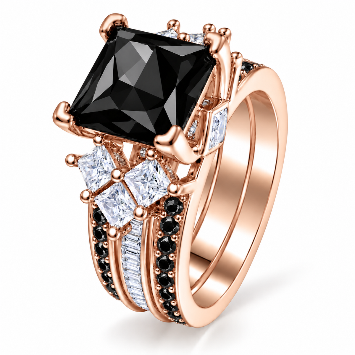 *PRE-ORDER - 925 Sterling Silver Princess Cut, Black Onyx & Clear CZ Tri-Band Ring on Rose Gold