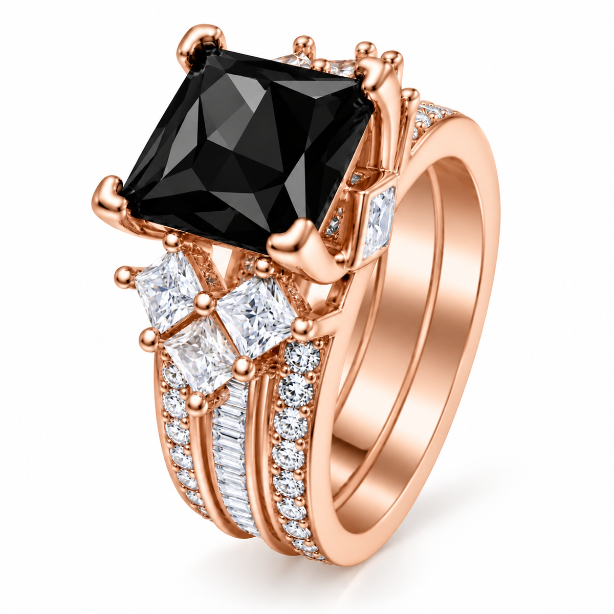 *PRE-ORDER – 925 Sterling Silver Princess Cut,  Simulated Black Onyx & Clear CZ Tri-Band Ring