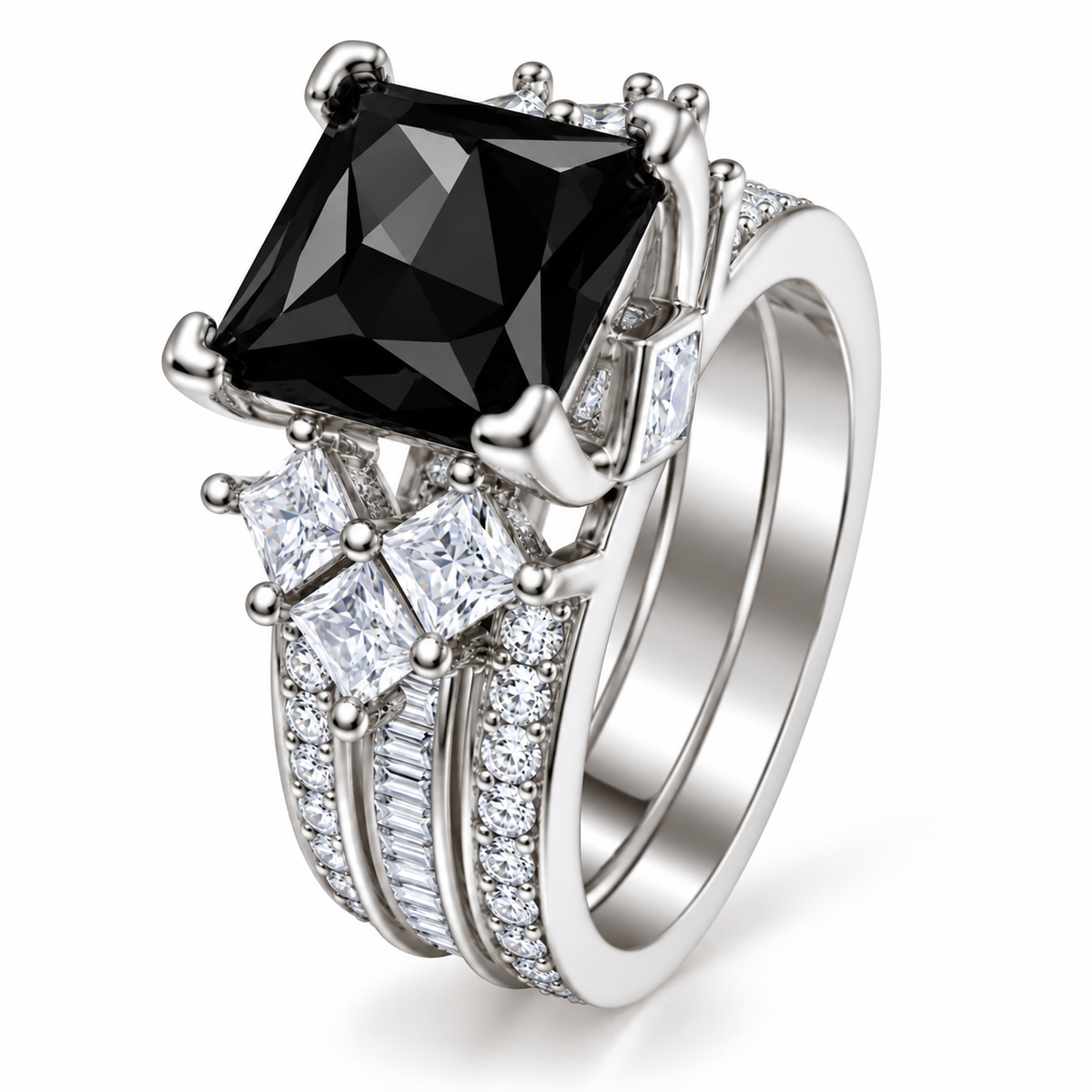 *PRE-ORDER – 925 Sterling Silver Princess Cut,  Simulated Black Onyx & Clear CZ Tri-Band Ring