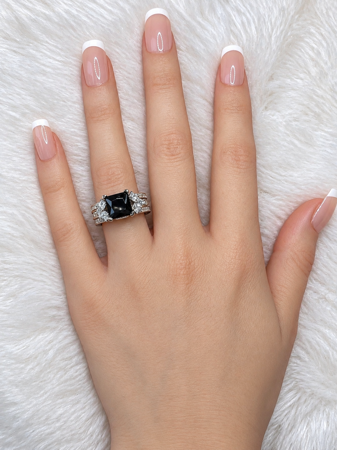 *PRE-ORDER – 925 Sterling Silver Princess Cut,  Simulated Black Onyx & Clear CZ Tri-Band Ring