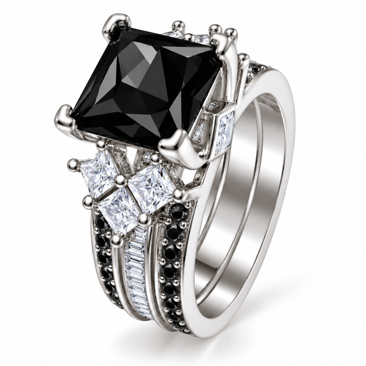 *PRE-ORDER - 925 Sterling Silver Princess Cut, Black Onyx & Clear CZ Tri-Band Ring