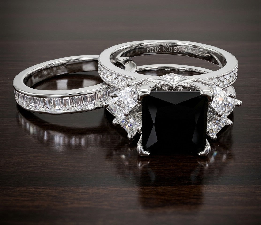 *PRE-ORDER – 925 Sterling Silver Princess Cut,  Simulated Black Onyx & Clear CZ Tri-Band Ring