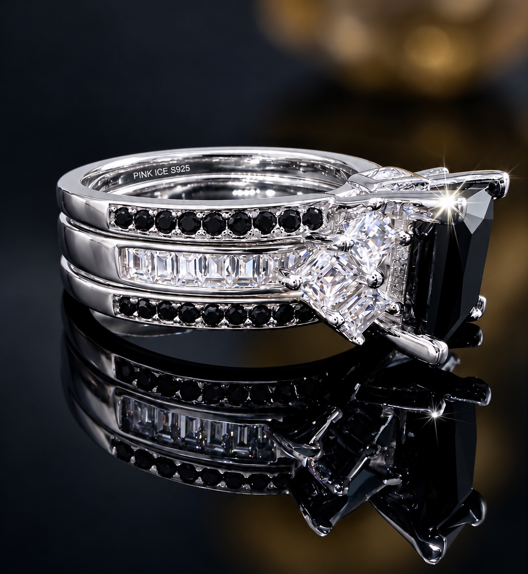 *PRE-ORDER - 925 Sterling Silver Princess Cut, Black Onyx & Clear CZ Tri-Band Ring