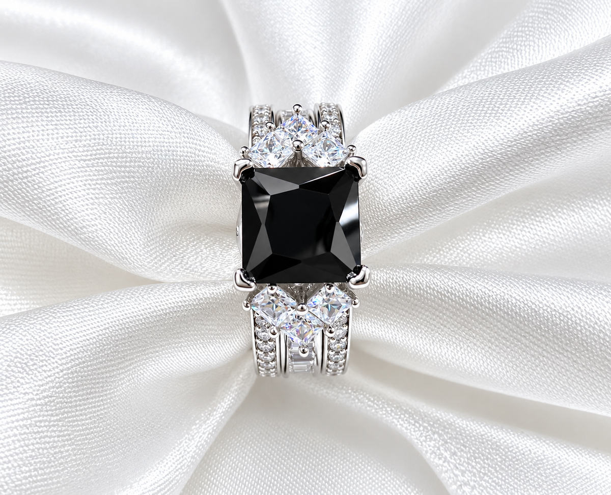 *PRE-ORDER – 925 Sterling Silver Princess Cut,  Simulated Black Onyx & Clear CZ Tri-Band Ring