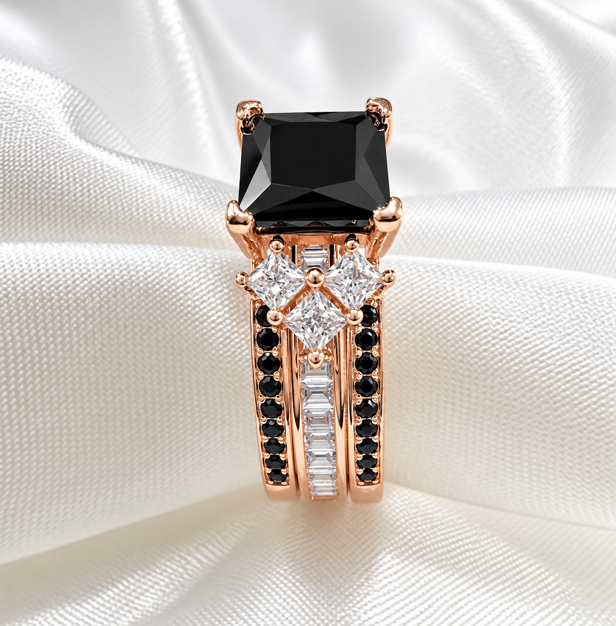*PRE-ORDER - 925 Sterling Silver Princess Cut, Black Onyx & Clear CZ Tri-Band Ring on Rose Gold