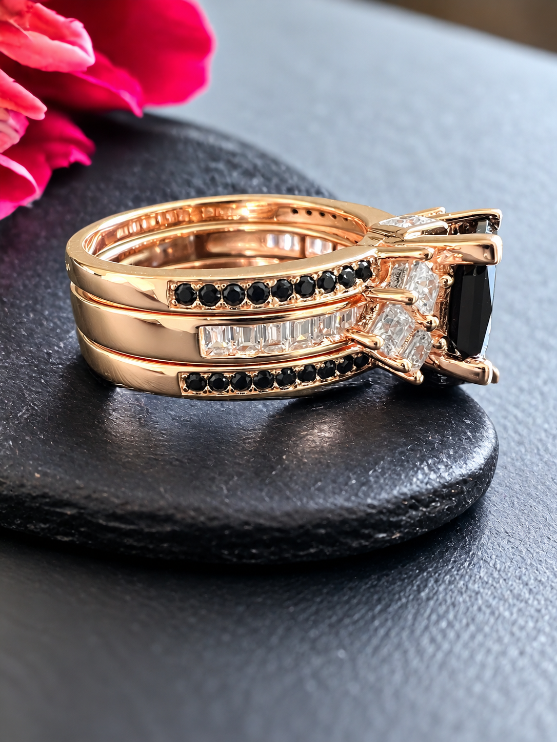 *PRE-ORDER - 925 Sterling Silver Princess Cut, Black Onyx & Clear CZ Tri-Band Ring on Rose Gold