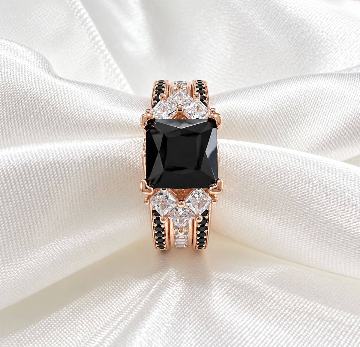 *PRE-ORDER - 925 Sterling Silver Princess Cut, Black Onyx & Clear CZ Tri-Band Ring on Rose Gold