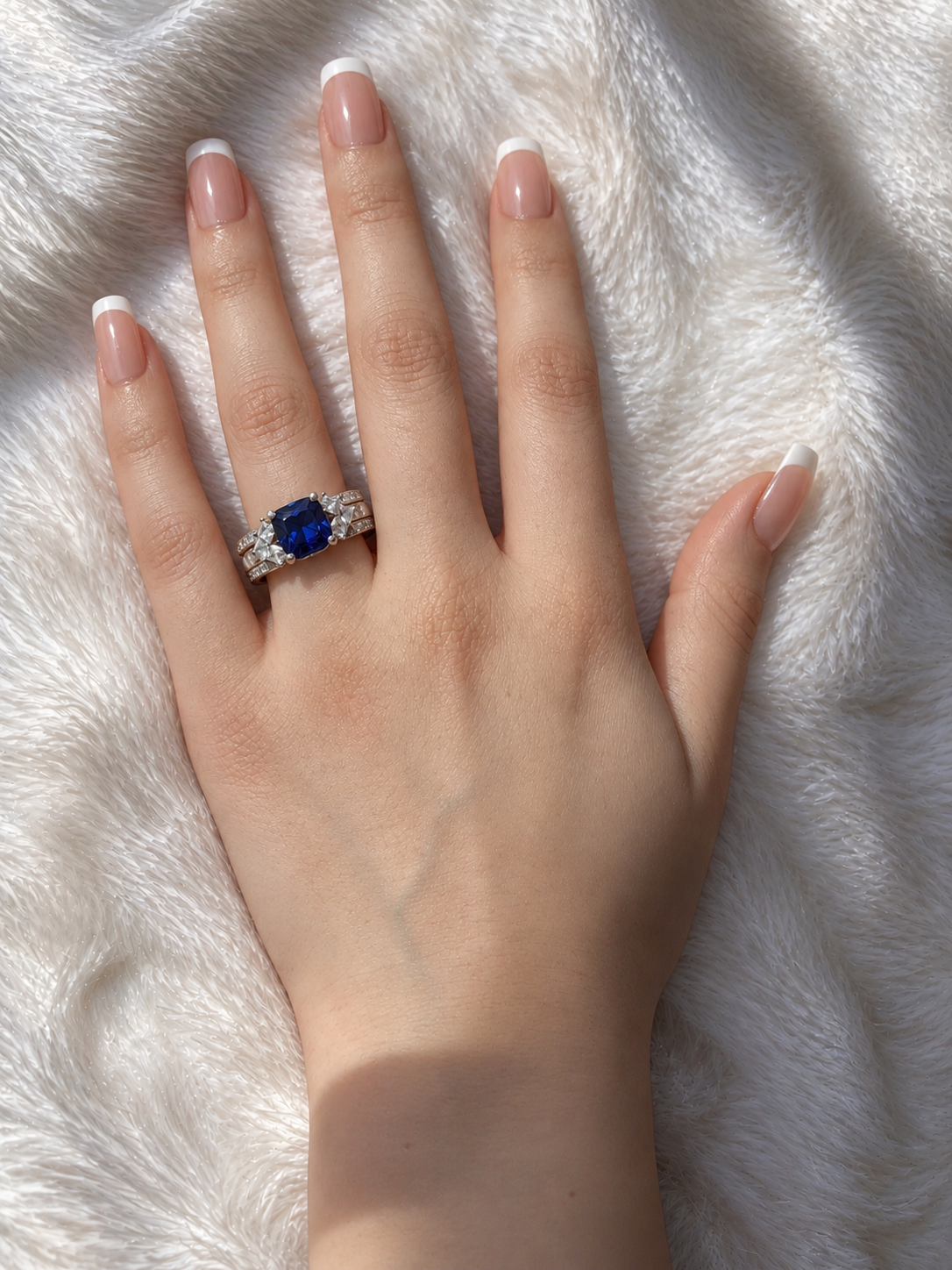 *PRE-ORDER - 925 Sterling Silver Princess Cut, Blue Sapphire & Clear CZ Tri-Band Ring