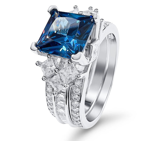 *PRE-ORDER - 925 Sterling Silver Princess Cut, Blue Sapphire & Clear CZ Tri-Band Ring