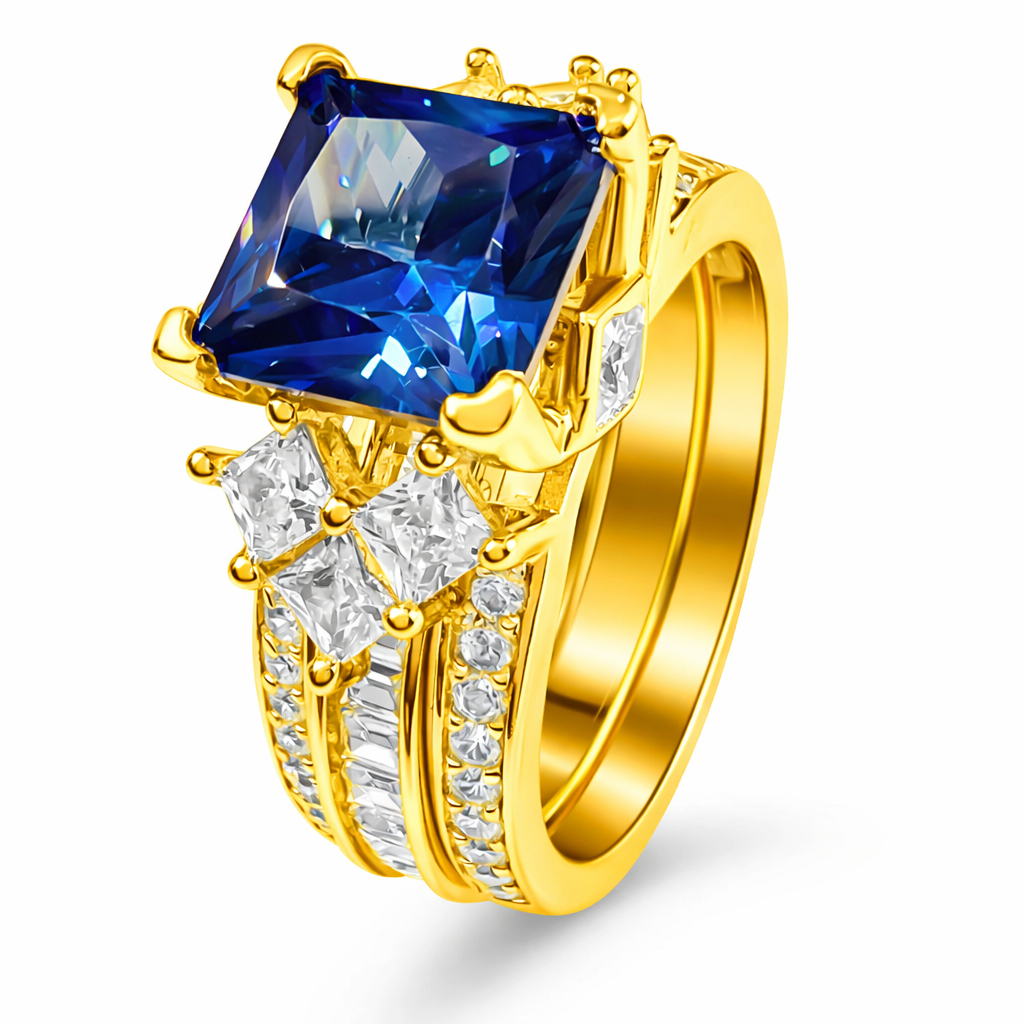*PRE-ORDER - 925 Sterling Silver Princess Cut, Blue Sapphire & Clear CZ Tri-Band Ring