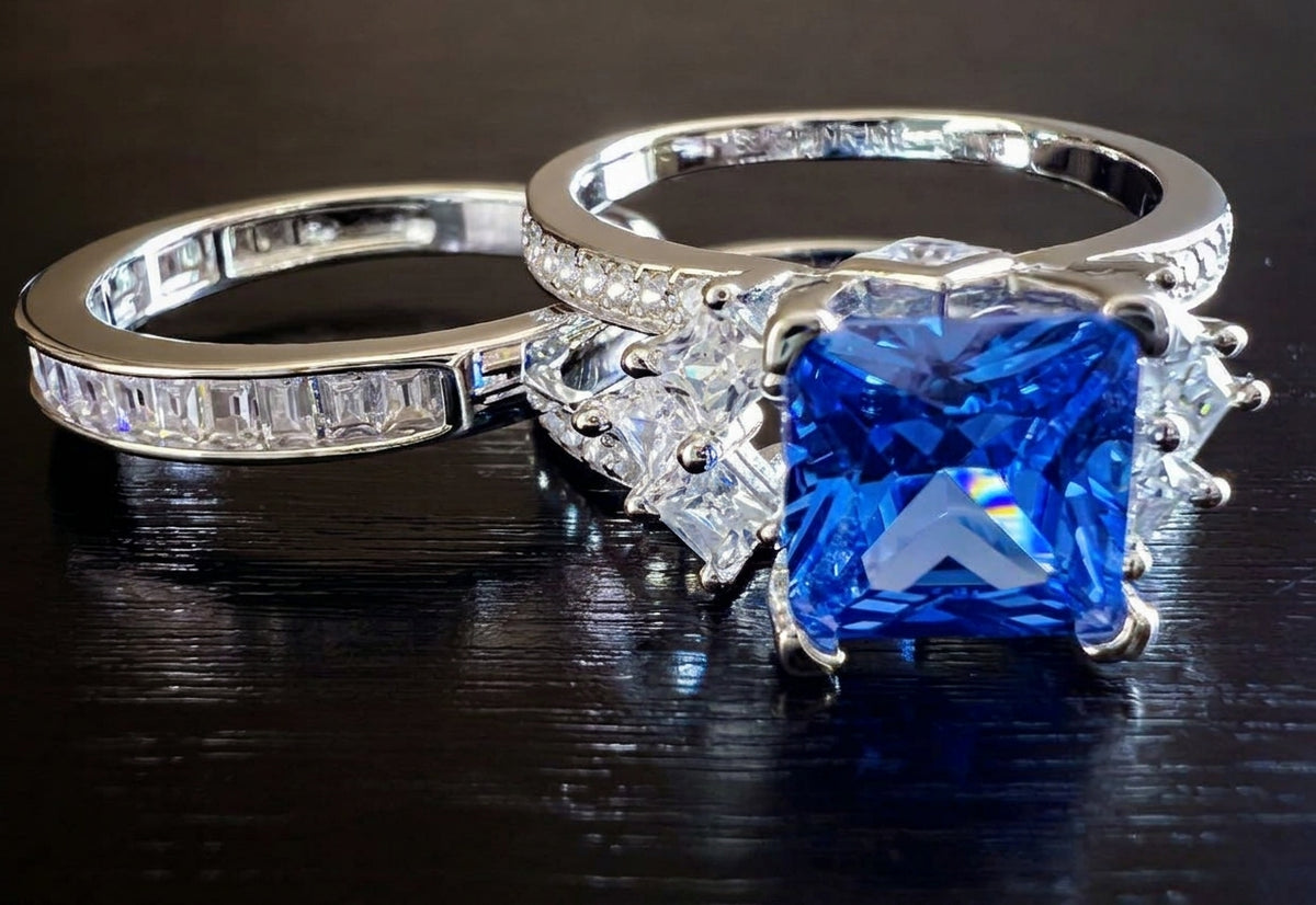 *PRE-ORDER - 925 Sterling Silver Princess Cut, Blue Sapphire & Clear CZ Tri-Band Ring
