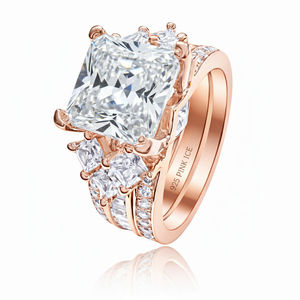 925 Sterling Silver Princess Cut, Diamond CZ Tri Band Ring on Rose Gold