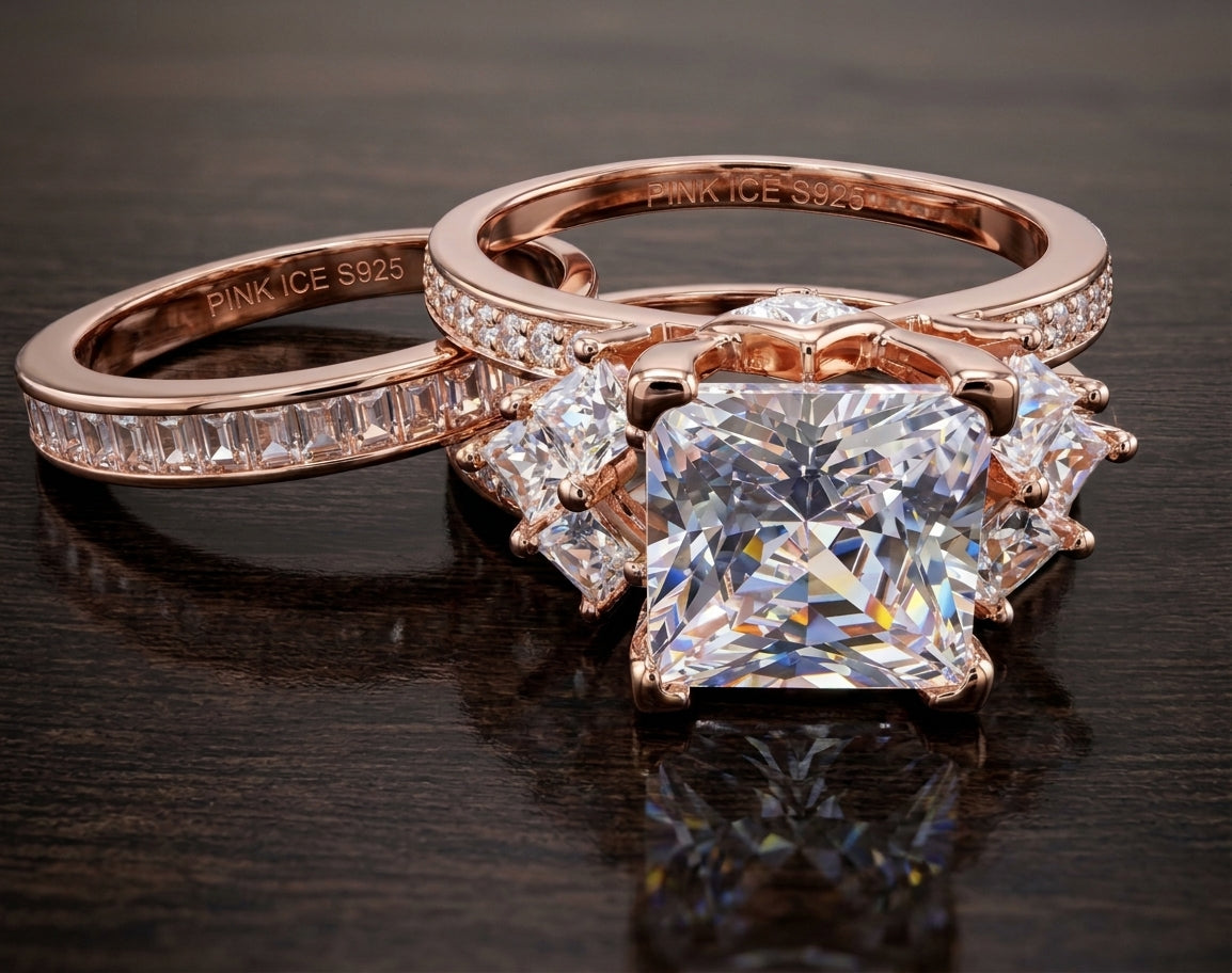*PRE-ORDER - 925 Sterling Silver Princess Cut, Diamond CZ Tri Band Ring on Rose Gold