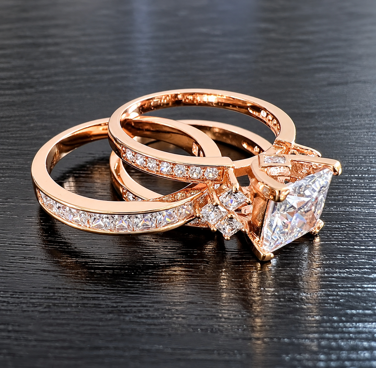 *PRE-ORDER - 925 Sterling Silver Princess Cut, Diamond CZ Tri Band Ring on Rose Gold