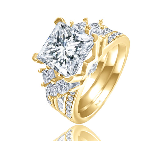 925 Sterling Silver Princess Cut, Diamond CZ Tri-Band Ring on Yellow Gold