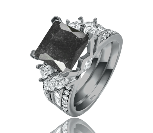 925 Sterling Silver Princess Cut, Black Ice Cz Tri-Band Ring on Black Gold