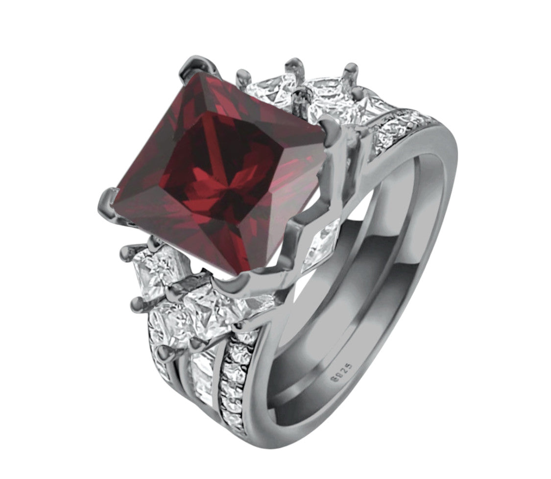 925 Sterling Silver Princess Cut, Garnet Red CZ Tri-Band Ring on Black Gold
