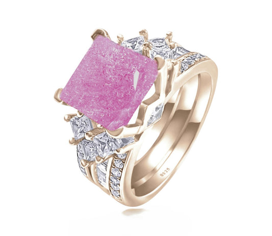 925 Sterling Silver Princess Cut, Light Pink Ice Cz Tri-Band Ring on Rose Gold