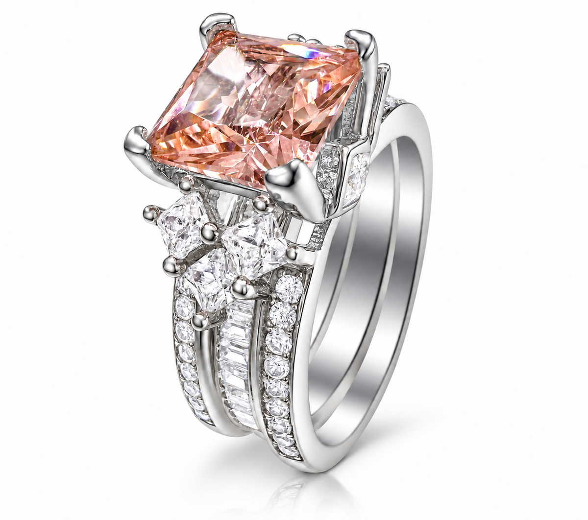 925 Sterling Silver Princess Cut, Morganite & Clear CZ Tri-Band Ring