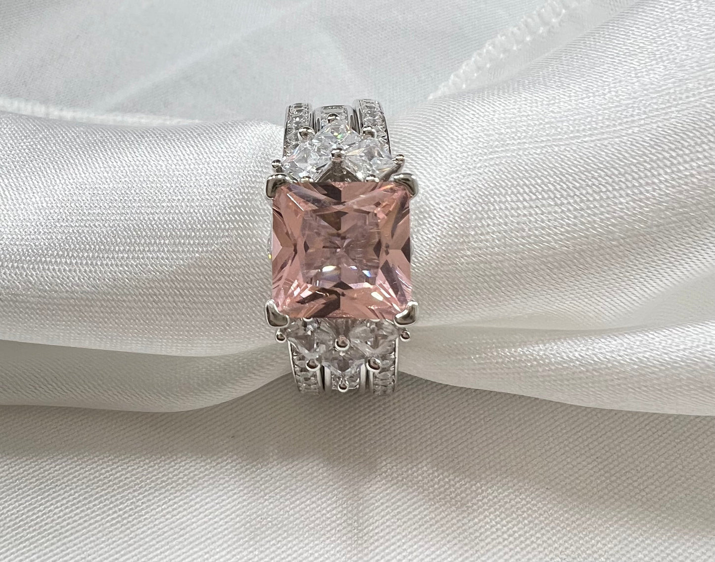 *PRE-ORDER - 925 Sterling Silver Princess Cut, Morganite & Clear CZ Tri-Band Ring
