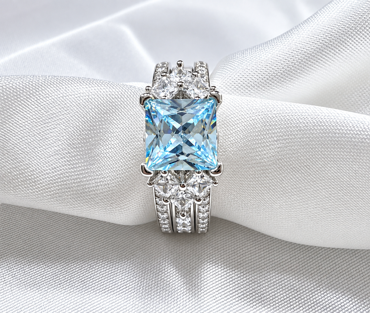 *PRE-ORDER - 925 Sterling Silver Princess Cut, Aquamarine Diamond CZ Tri-Band Ring (Choose your plating)