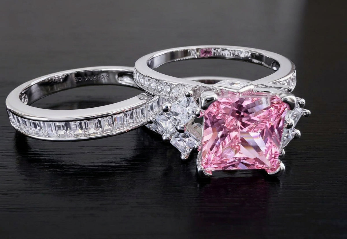 *PRE-ORDER - 925 Sterling Silver Princess Cut, Pink Diamond CZ Tri-Band Ring