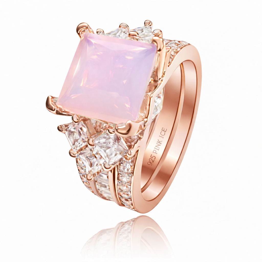 PRE-ORDER - 925 Sterling Silver Princess Cut, Pink Moonstone Tri-Band Ring (Choose your plating)