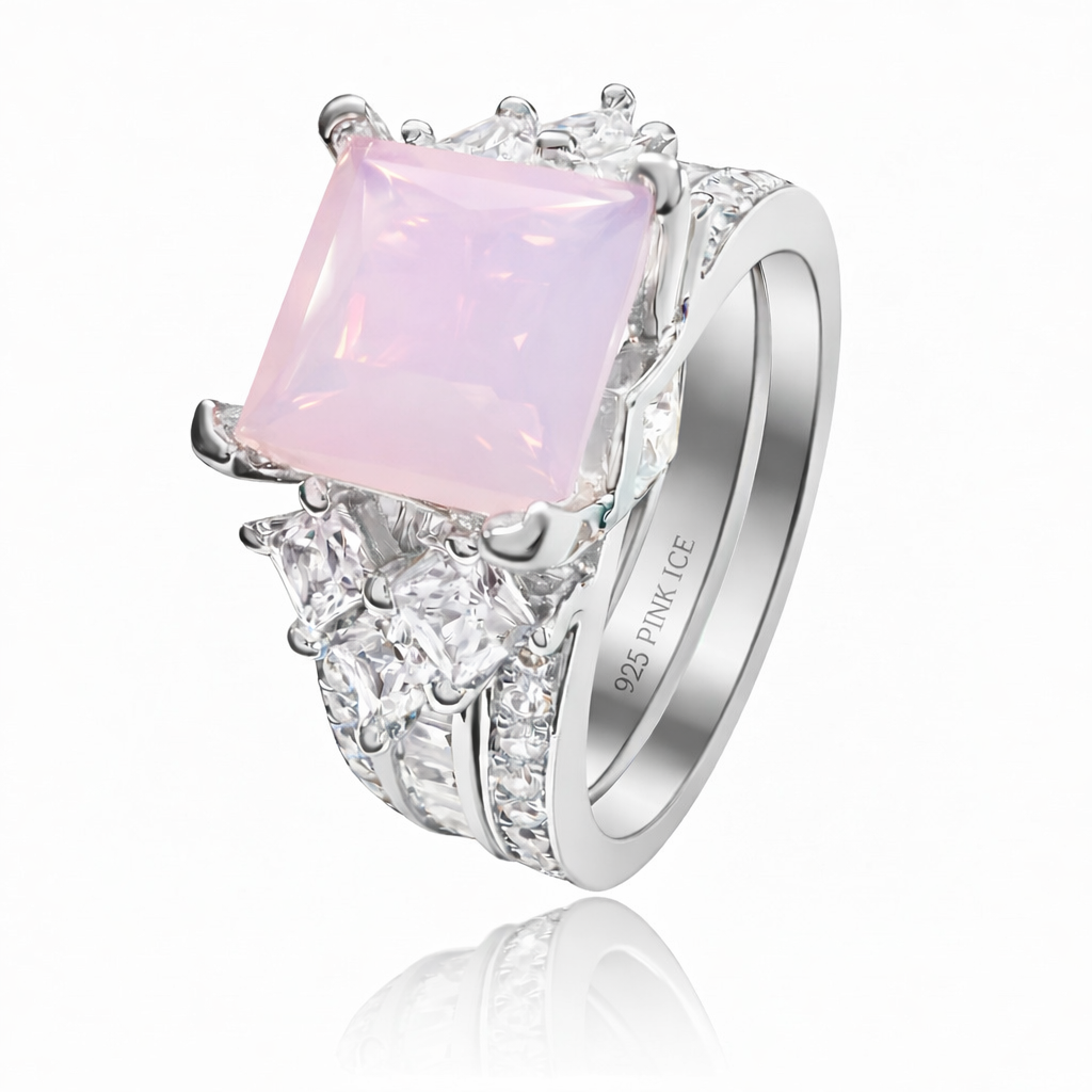 PRE-ORDER - 925 Sterling Silver Princess Cut, Pink Moonstone Tri-Band Ring (Choose your plating)
