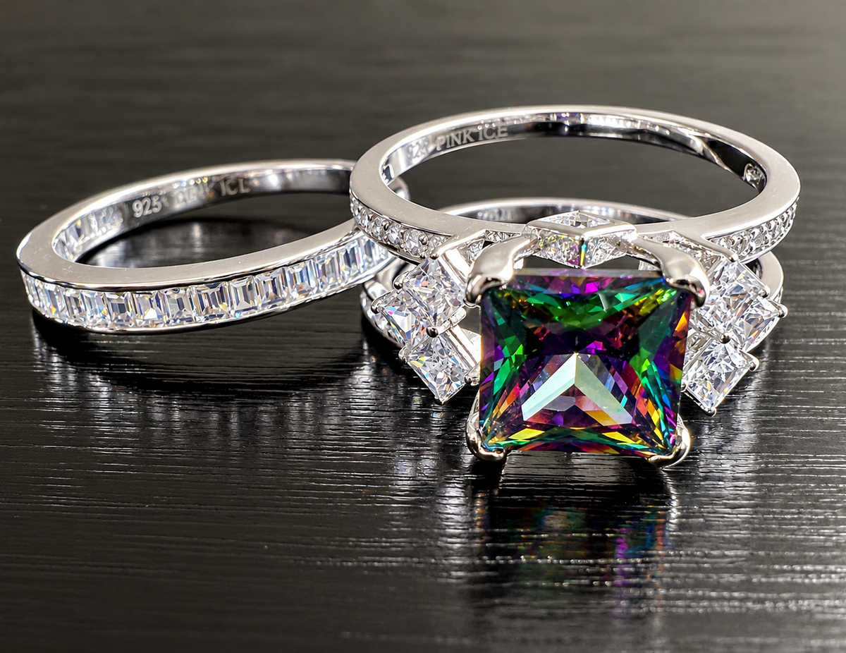 *PRE-ORDER - 925 Sterling Silver Princess Cut, Rainbow Topaz & Clear CZ Tri-Band Ring