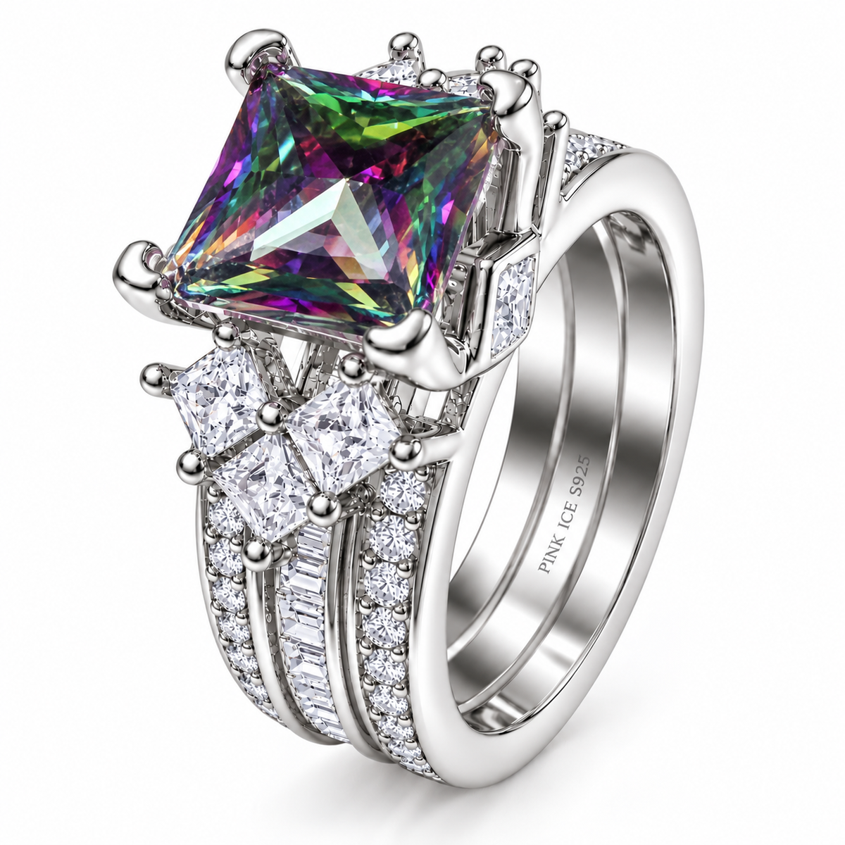 *PRE-ORDER - 925 Sterling Silver Princess Cut, Rainbow Topaz & Clear CZ Tri-Band Ring