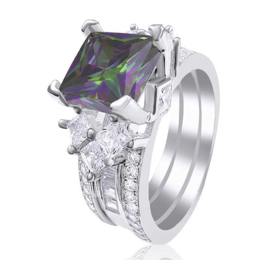 *PRE-ORDER - 925 Sterling Silver Princess Cut, Rainbow Topaz & Clear CZ Tri-Band Ring