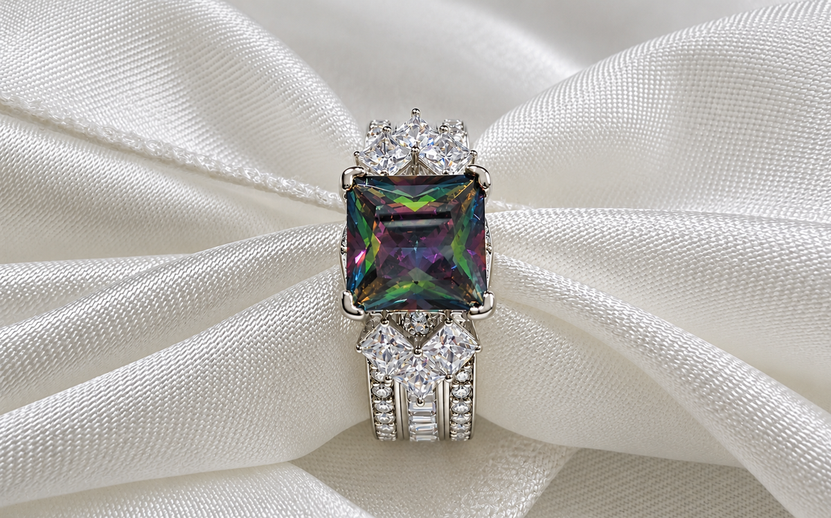 *PRE-ORDER - 925 Sterling Silver Princess Cut, Rainbow Topaz & Clear CZ Tri-Band Ring