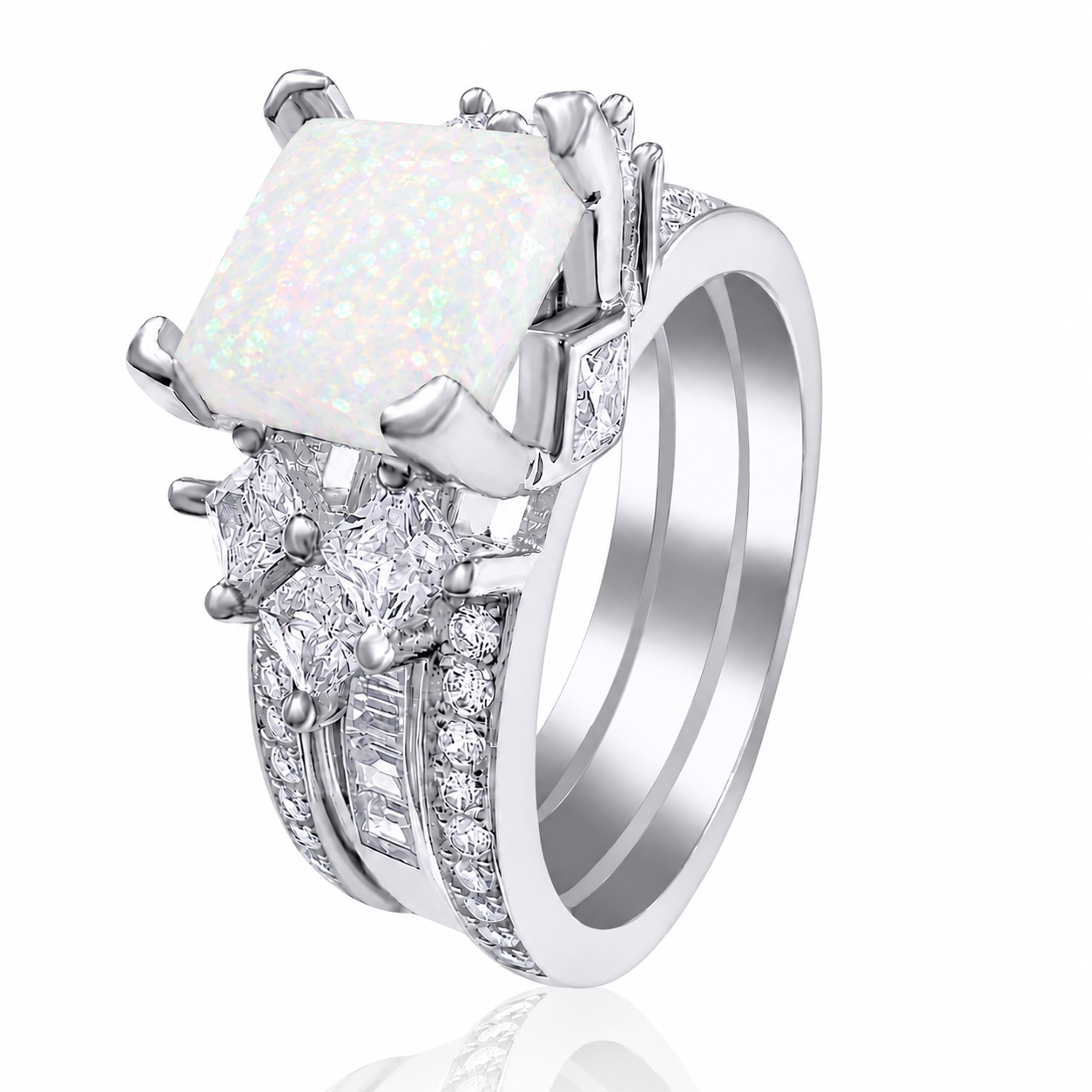 925 Sterling Silver Princess Cut, White Fire Opal & Clear CZ Tri-Band Ring (Choose your plating) (Copy)
