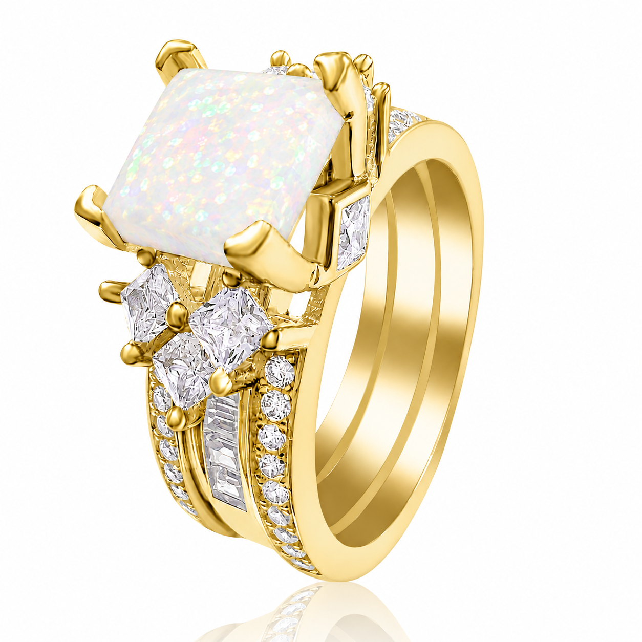 925 Sterling Silver Princess Cut, White Fire Opal & Clear CZ Tri-Band Ring (Choose your plating) (Copy)