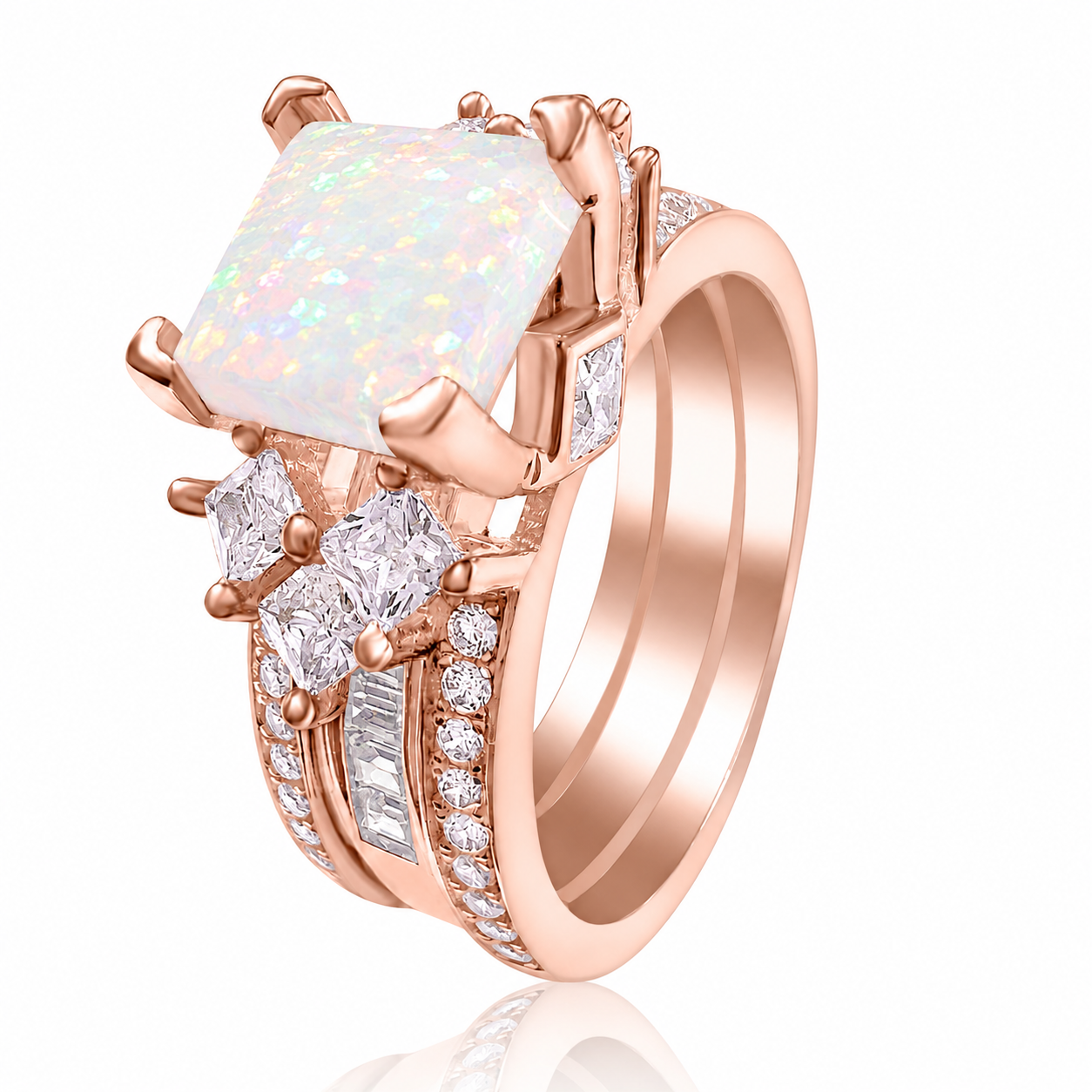 925 Sterling Silver Princess Cut, White Fire Opal & Clear CZ Tri-Band Ring (Choose your plating) (Copy)