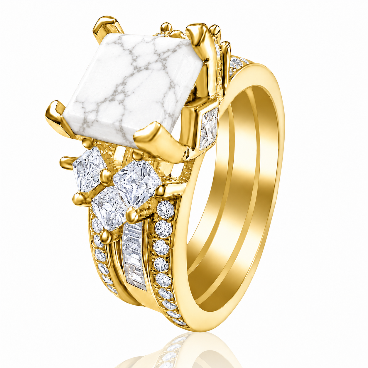 PRE-ORDER - 925 Sterling Silver Princess Cut, White Howlite Tri-Band Ring (Choose your plating)
