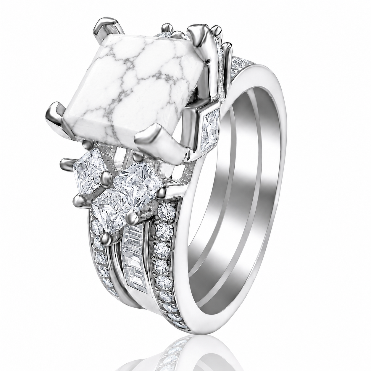 PRE-ORDER - 925 Sterling Silver Princess Cut, White Howlite Tri-Band Ring (Choose your plating)