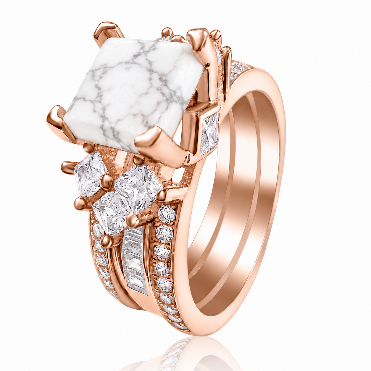 PRE-ORDER - 925 Sterling Silver Princess Cut, White Howlite Tri-Band Ring (Choose your plating)