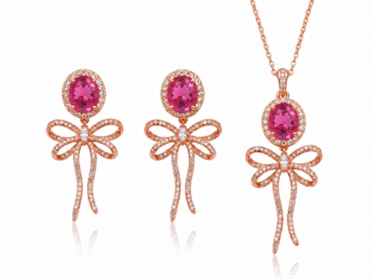 925 Sterling Silver Rose Corundum Bow Tie Necklace & Earrings Set on Rose Gold