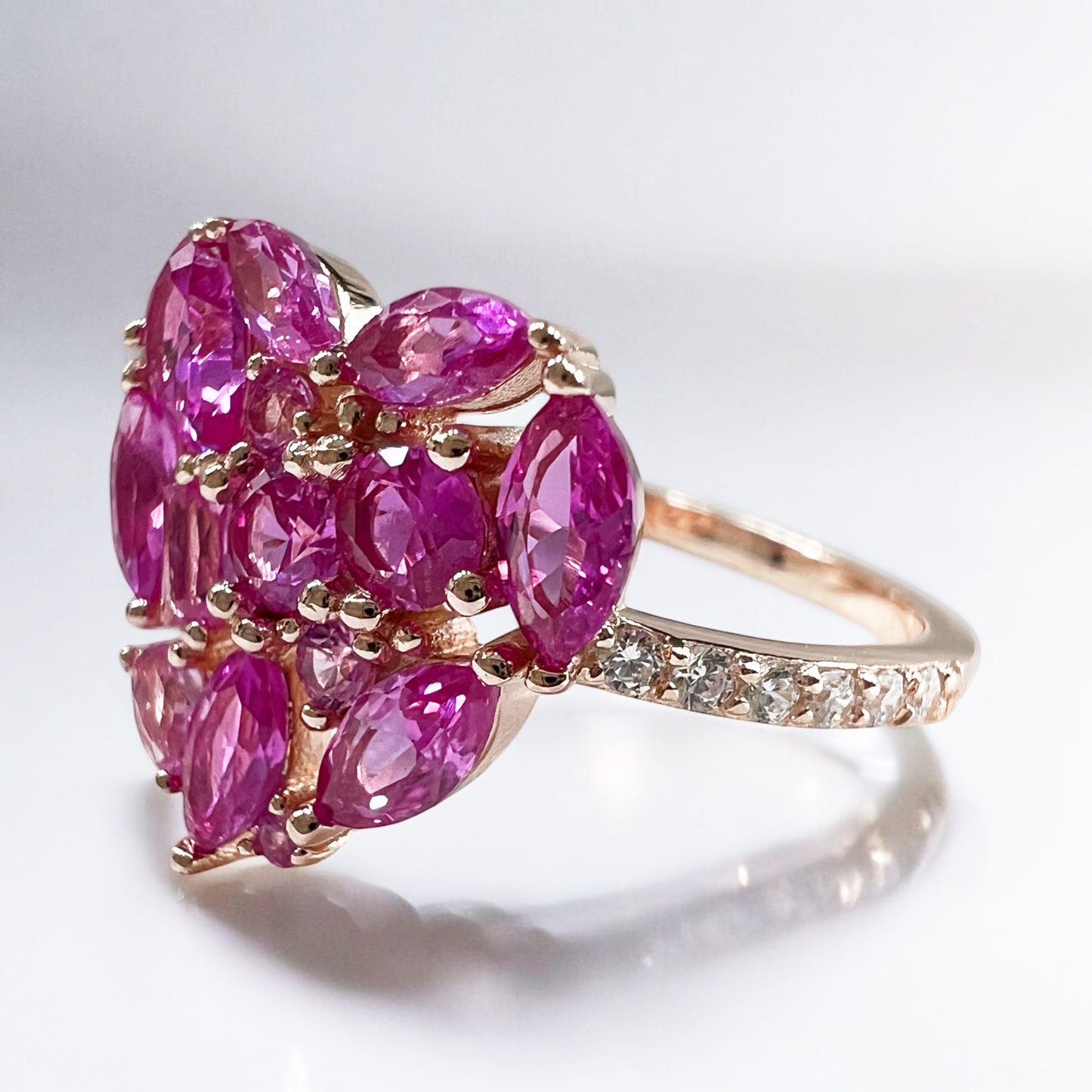 925 Sterling Silver Rose Corundum CZ Cluster Heart Ring on Rose Gold